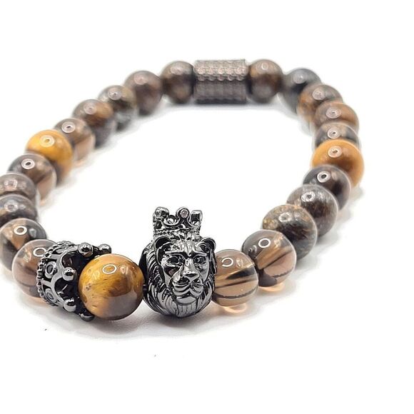 Artisan Healing Chocolate Tiger's Eye Granite Grey Crystal Lion and Crown 7.5in - Picture 1 of 3